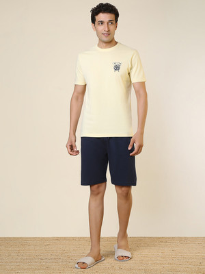 SLEEPZ BY RAYMOND Men Printed Yellow, Blue Top & Shorts Set