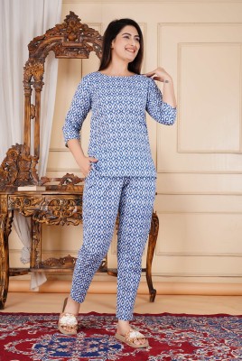 Gamyam Women Printed Blue, White Night Suit Set