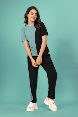 DADX Women Colorblock Light Blue, Black Top & Pyjama Set