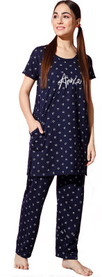 Trendy World Women Printed Blue Shirt & Pyjama set