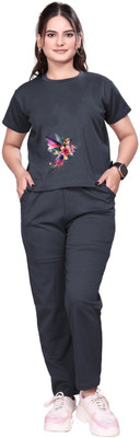 ZINQUI Girls Printed Grey Night Suit Set