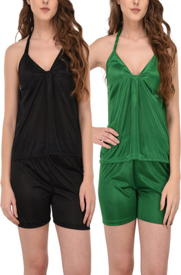 HouseOfCommon Women Solid Green, Black Top & Shorts Set