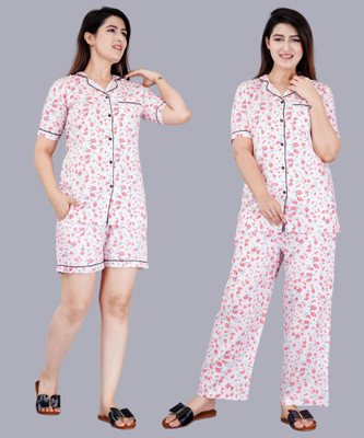 MintMarie Women Printed Pink Night Suit Set