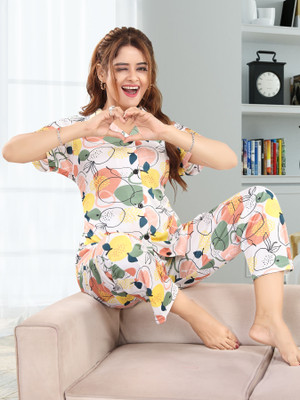 Gutthi Women Printed White Shirt & Pyjama set