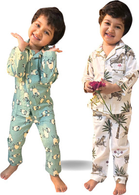Tittertots Girls Printed White, Light Green Night Suit Set