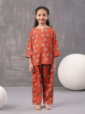 Sanskrutihomes Girls Floral Print Red Night Suit Set