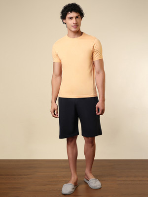 SLEEPZ BY RAYMOND Men Solid Black, Orange Top & Shorts Set