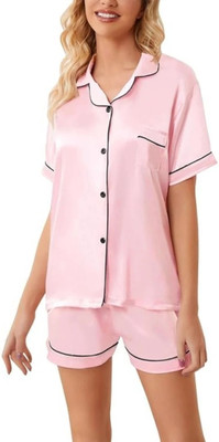 Vd hub Women Solid Pink Night Suit Set