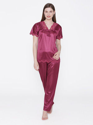 ROWENA Women Solid Maroon Top & Pyjama Set