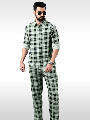 Broon Men Printed Green Shirt & Pyjama set