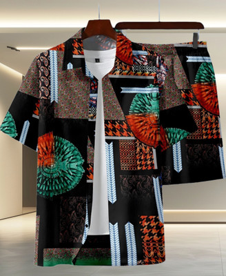 Varni Creation Men Floral Print Black Night Suit Set