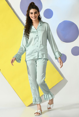 PREETY LOVING THING Women Solid Light Green Shirt & Pyjama set