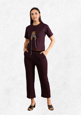 METRONAUT Women Animal Print Maroon Night Suit Set