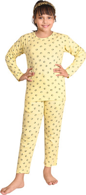 IndiWeaves Girls Printed Yellow Night Suit Set