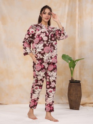 Sanskrutihomes Women Floral Print Brown Night Suit Set