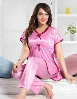 HouseOfCommon Women Solid Pink Night Suit Set