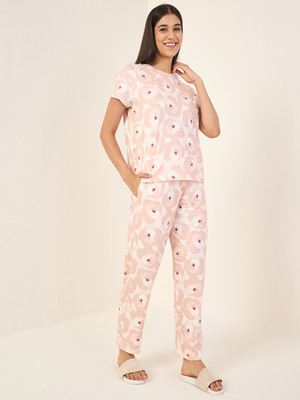 SWEET DREAMS Women Floral Print Beige Top & Pyjama Set