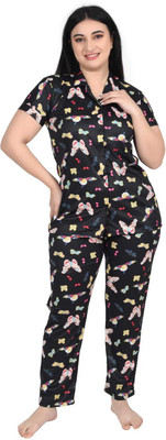 NIGHTGIRL Women Printed Black Top & Pyjama Set