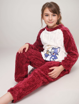 Lugo Boys & Girls Self Design White, Maroon Night Suit Set