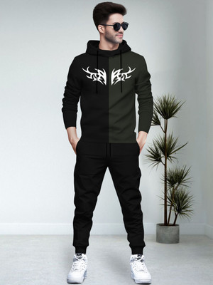 BLIVE Men Printed, Colorblock Black, Green Night Suit Set