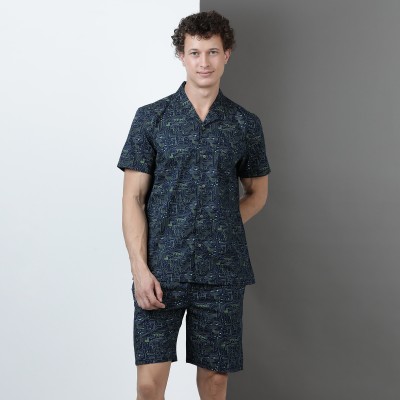 IndoCotton Men Printed Dark Blue Top & Shorts Set