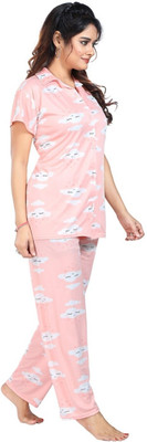 Qunity Women Printed Pink Night Suit Set