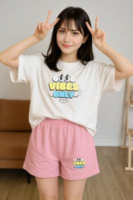 Elvia Women Printed Pink Top & Shorts Set