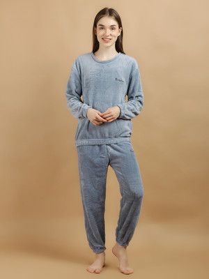 Cut Style Clothing Women Solid Blue Top & Pyjama Set