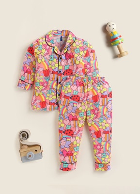 Lazy Shark Girls Printed Multicolor Shirt & Pyjama set