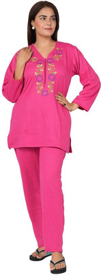 Meta Cool Women Embroidered Pink Night Suit Set