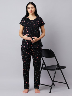DZZO Women Printed Black Top & Pyjama Set