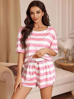 HouseOfCommon Women Striped Pink Night Suit Set