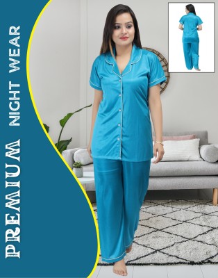 Ansh Collection Women Solid Blue Night Suit Set