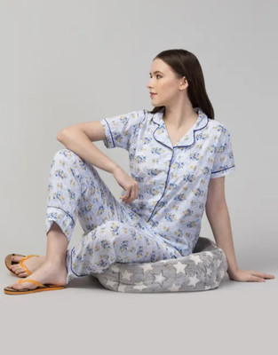 Al-Hudooms Women Floral Print Blue Shirt & Pyjama set