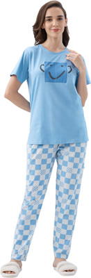 AV2 Women Checkered Blue, White Top & Pyjama Set