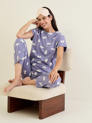 SWEET DREAMS Women Animal Print Blue Top & Pyjama Set