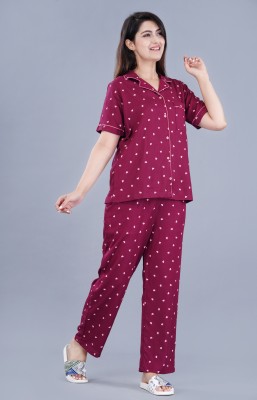 PRADHRUHE Women Printed Maroon Shirt & Pyjama set