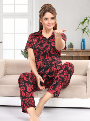 capasino Women Printed Black Shirt & Pyjama set