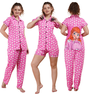 GuSo Shopee Women Printed Pink Night Suit Set