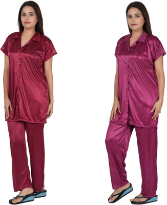 INSTRY Women Applique Pink, Purple Night Suit Set