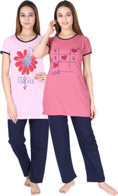 DG Divine GirL Women Printed Pink, Purple Top & Pyjama Set
