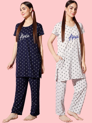 SwellSwag Women Printed Blue, White Night Suit Set