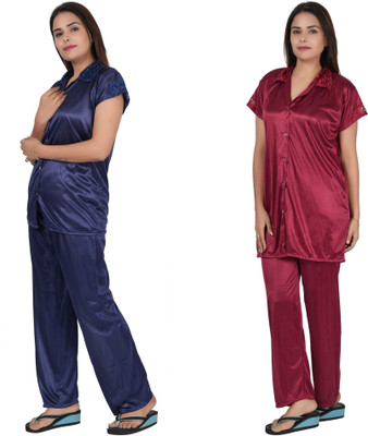 INSTRY Women Solid Blue, Maroon Night Suit Set