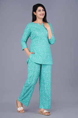 PRADHRUHE Women Printed Green Top & Pyjama Set