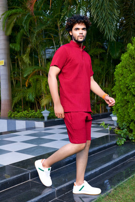 DHYANENTERPRIS Men Solid Red Night Suit Set