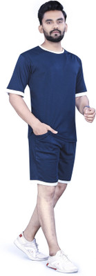 CozyNestNight Men Solid Blue Top & Shorts Set