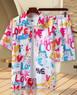 BLUEBERRYWEAR Men Printed Pink Top & Shorts Set