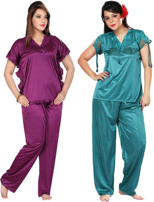 Boosah Women Solid Purple, Light Blue Top & Pyjama Set