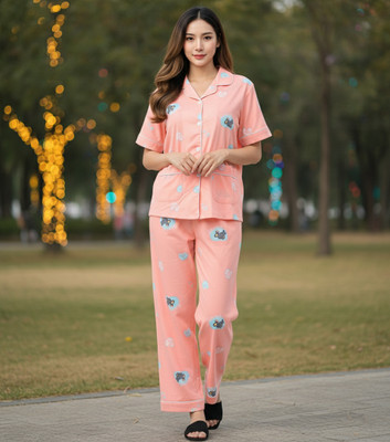 BLUELOCK Women Printed Pink Night Suit Set