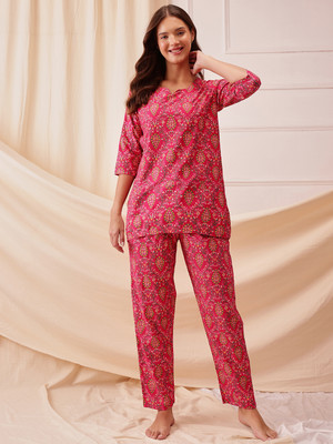 Clovia Women Geometric Print Pink Top & Pyjama Set